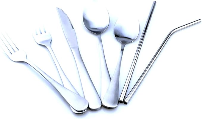 Silver Reusable Utensils with Case Camping Travel Silverware Set,Portable Stainless Steel Cutlery Set - Matte Flatware Set Knife Fork Spoon Mirror Straws Chopsticks - for Office Lunch, Hiking, School