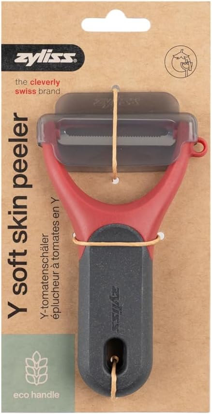 Zyliss Soft Skin Y Peeler β Ultra-Sharp Stainless Steel Blade for Tomatoes, Peaches & Soft Fruits β Ergonomic Wheatstraw Handle β Built-in Eye Cutter & Safety Cover β Dishwasher Safe