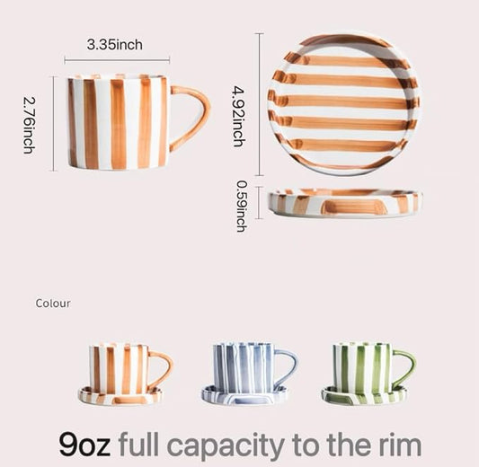 8Oz Stylish Handmade Vertical Striped Coffee Mug Espresso Cups With Saucer, Hand painted Esthetical Ceramic Cappuccino Mugs, Glazed Tea/Coffee Cup, Microwave safe Latte art mug (Black)