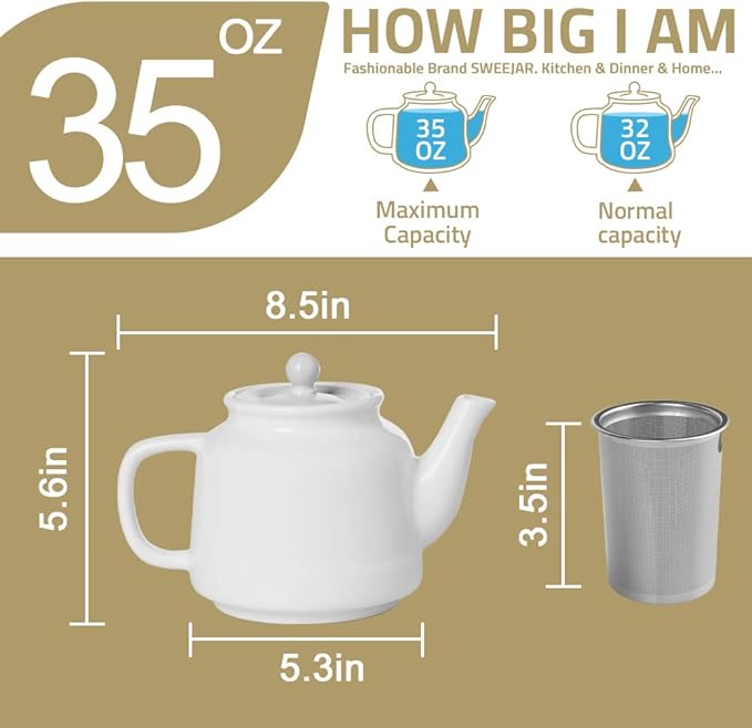 Sweejar 35 oz Porcelain Tea Pot, Teapot with Removable 18/8 Stainless Steel Infuser, Microwave & Dishwasher Safe Tea Maker, Tea Infuser Pots for Blooming loose Leaf Tea,Chrismas Women Gift(White)