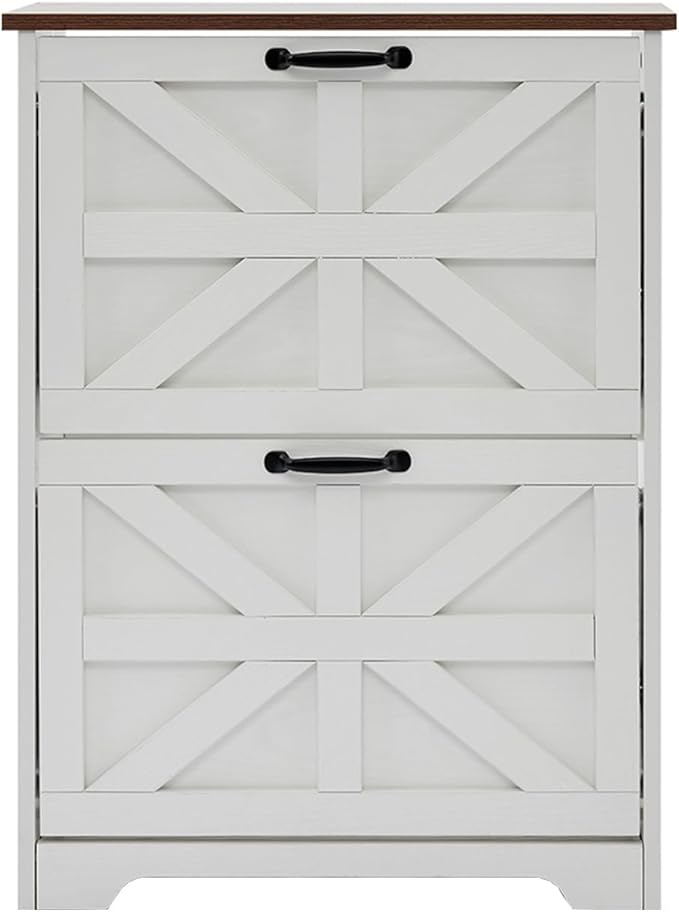 Shoe Storage Cabinet with Bench, Farmhouse Shoe Organizer with Barn Door Design, Space-Saving Hidden Narrow Shoe Rack Cabinet for Entryway, Hallway & Foyer,White