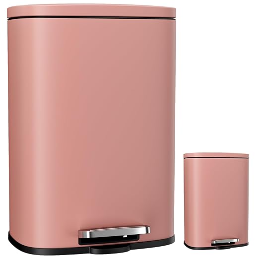 Arlopu 13.2+1.3 Gallon Step Trash Can, Stainless Steel Garbage Bin, Soft-Close Rubbish Bin with Removable Plastic Inner Bucket, Fingerprint-Proof, Lid Dustbin, for Kitchen Home (Pink)