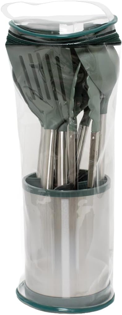 Glad Kitchen Utensils Set, 8pcs - Nonstick Cooking Tools with Stainless Steel Handles & Rotating Utensil Holder - Turners, Ladle, Spoon, Tongs, Spaghetti Server, and Skimmer - Dishwasher Safe, Green