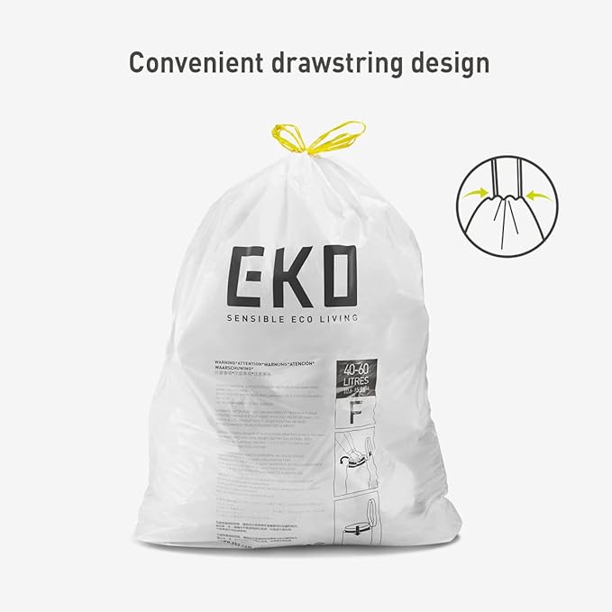 EKO 13 Gallon / 40-60 Liter, 60 Count Drawstring Trash Bags, Extra-Strong Unscented Garbage Bags, Easy-Dispense Roll for Kitchen & Household Use, Leak-Resistant, Code F, White