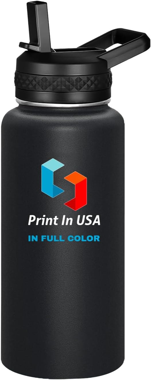 Personalized Custom Print in USA Water Bottle 32oz Stainless Steel Double Wall Coffee Cup with Lid & Straw Insulated Tumbler with Colorful Text Logo Photo