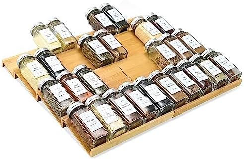 Spice Drawer Organzier,4 Tiers- 8Pcs Bamboo Spice Rack Tray Insert for Cabinet Drawer Countertop, Kitchen Seasoning Storage Drawer Organization,18" Wide x 15.8" Deep ļ¼Hold UP To 40 Jars