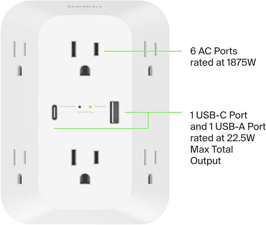 Belkin 6-Outlet Surge Protector Power Strip, ETL-listed, Wall-Mountable w/ 6 AC Outlets, Overvoltage Protection, LED Indicator, USB-C & USB-A Ports w/ USB-C PD Fast Charge - 1,680 Joules of Protection
