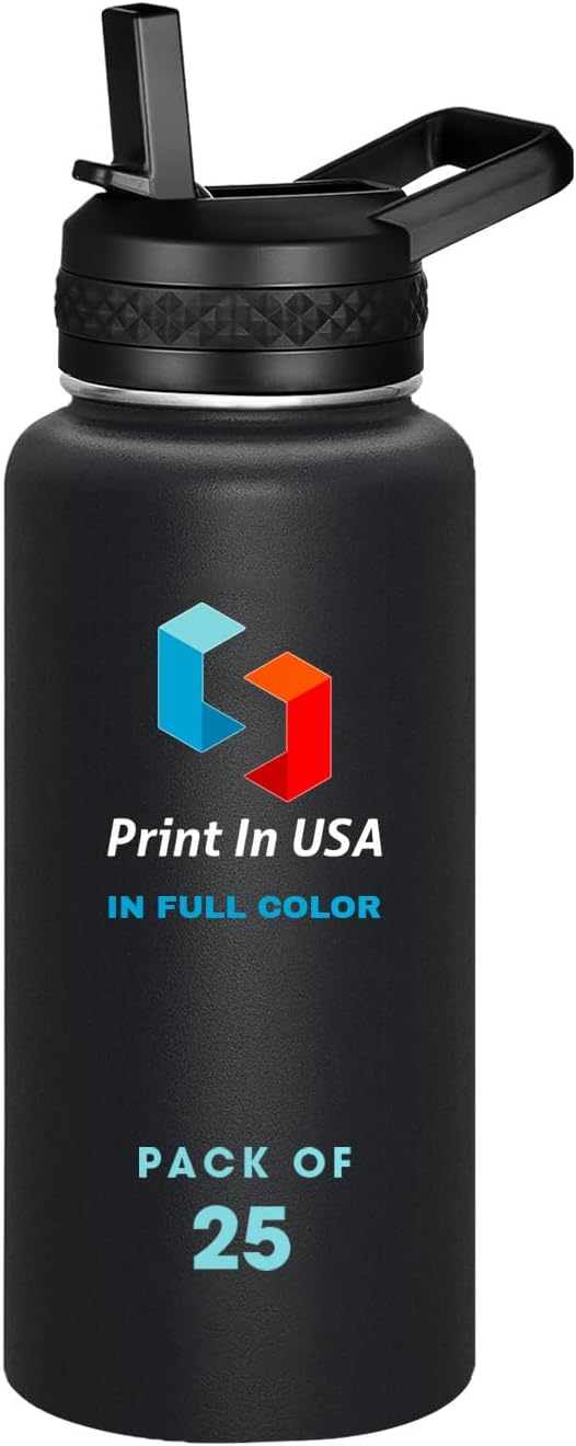 Personalized Custom Print in USA Water Bottle 25Pcs 32oz Stainless Steel Double Wall Coffee Cup with Lid & Straw Insulated Tumbler with Colorful Text Logo Photo