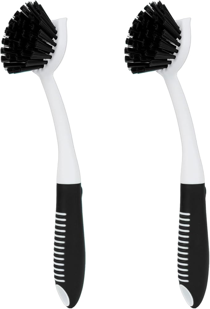 Dish Brush with Handle, 2 Pack Scrub Brushes with Built-in Scraper for Cleaning Kitchen, Pots, Pans and Sink, Scrubber Washing Tools, Black