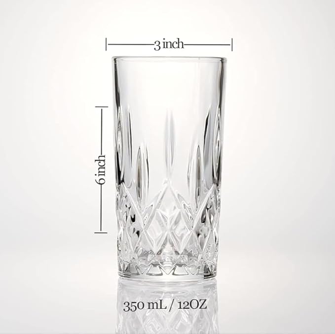 LEMONSODA Premium 12oz Highball Glass, for Water, Juices, cocktails - Set of 4 - Crystal Cut Glasses β Elegant Textured Tom Collins Glassware Set - Premium Packaging