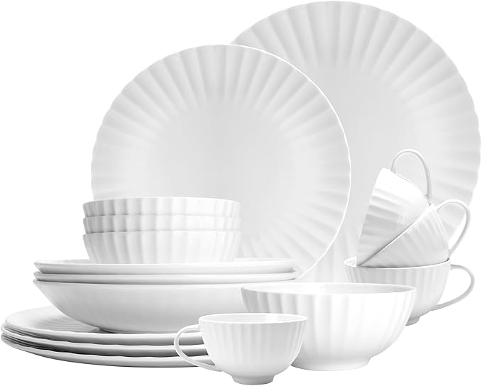 16-Piece Bone China Dinnerware Set for 4, White embossed dinnerware set, Plates and Bowls with Textured Design, Microwave Dishwasher Safe