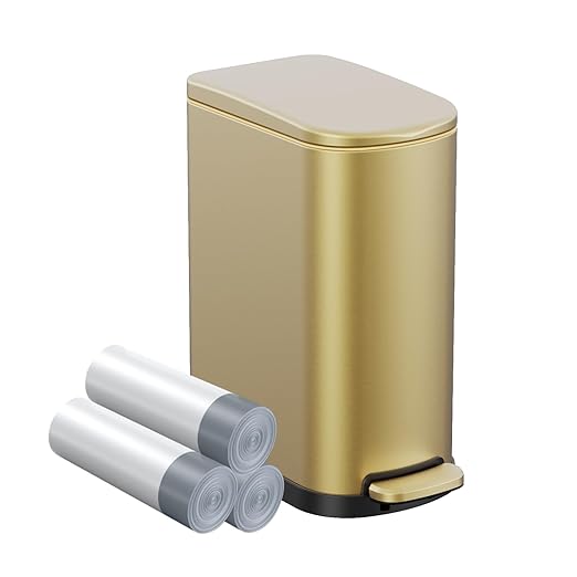 2.6 Gallon Slim Bathroom Trash Can with Soft Close Foot Pedal, 10L Stainless Steel Garbage Can with Removable Liner Bucket, for Narrow Spaces, Bedroom, Gold
