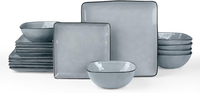 Famiware Ocean Square Plates and Bowls Set, 18 Pieces Dinnerware Sets, Dishes Set for 6, Reactive Glaze, Microwave and Dishwasher Safe, Scratch Resistant, Grey