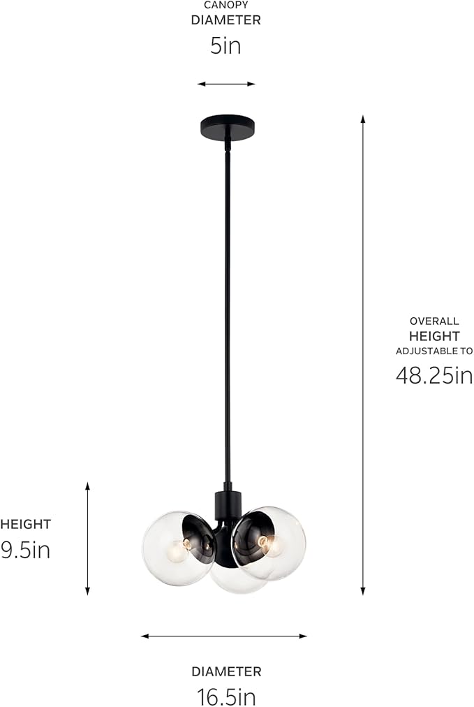 KICHLER Silvarious 3-Light Convertible Pendant, Soft Modern Light with Clear Glass in Black, for Hallway, Dining Nook, Bedroom or Kitchen (9.5" x 16.5"), 52700BKCLR
