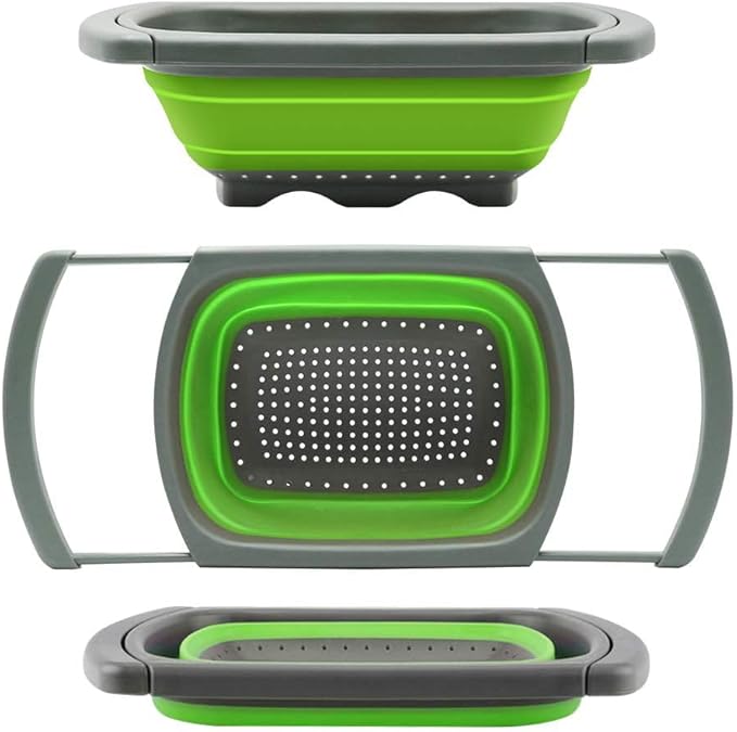 Collapsible Colander Strainer with Extendable Handles - Over the Sink Vegetable/Fruit Colanders Strainers for Kitchen, Capacity of 6 quart (Green)