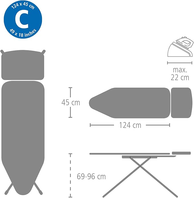Brabantia Size C (49 x 18 inches) Replacement Ironing Board Cover with Thick Foam & Felt Padding (Denim Black) Easy-Fit, 100% Cotton