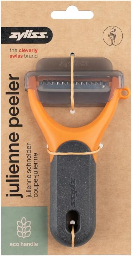 Zyliss Julienne Y Peeler β Ultra-Sharp Stainless Steel Blade for Carrots, Zucchini & Potatoes β Ergonomic Wheatstraw Grip β Built-in Eye Cutter & Safety Cover β Dishwasher Safe β Orange