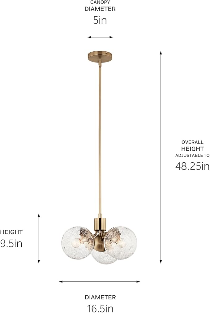 KICHLER Silvarious 3-Light Convertible Pendant, Soft Modern Light with Clear Crackled Glass in Polished Nickel, for Hallway, Dining Nook, Bedroom or Kitchen (9.5" x 16.5"), 52700CPZ