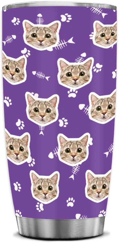 FunStudio Personalized Cat Face Tumbler with Pictures Kitty Pet Paw Custom Tumblers Coffee Travel Mug Cup Gift for Men Women, 20 Oz Insulated Stainless Steel