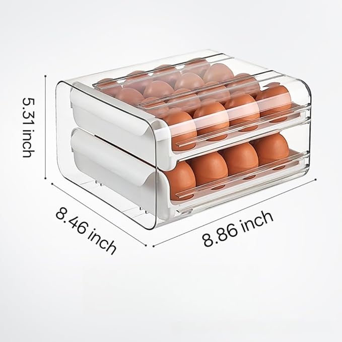 Egg Drawer for Refrigerator 32 Eggs, 2 Tier Clear Stackable Egg Holder with Drawer for Fridge, Drawer Type Egg Storage Box, Egg Tray Countertop (White)