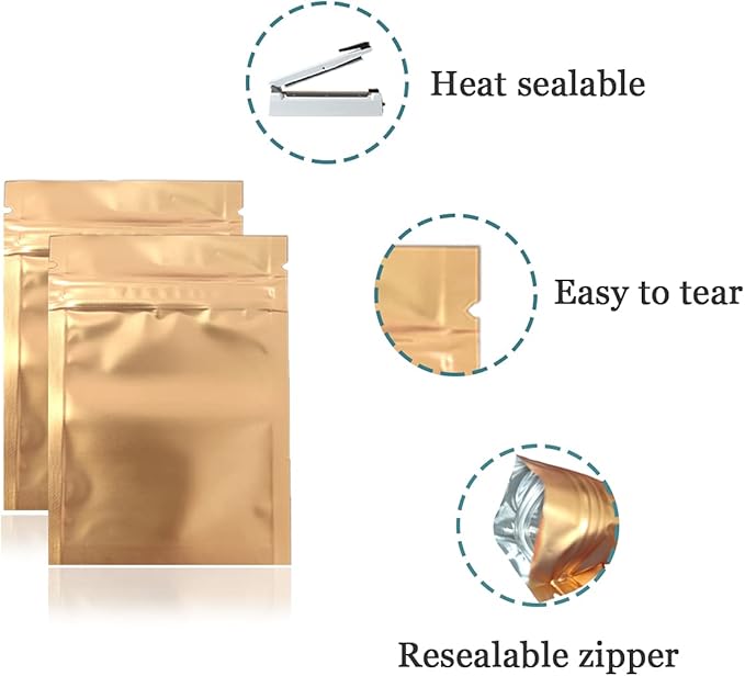FERENLI 100Pcs Zipper Lock Self Seal Flat Pouch for Zip Aluminum Foil Lock Package Bag Coffee Food Storage Resealable Mylar Bags Heat Sealable Candy Reclosable Bags (10x15cm (3.9x5.9 inch), Gold)