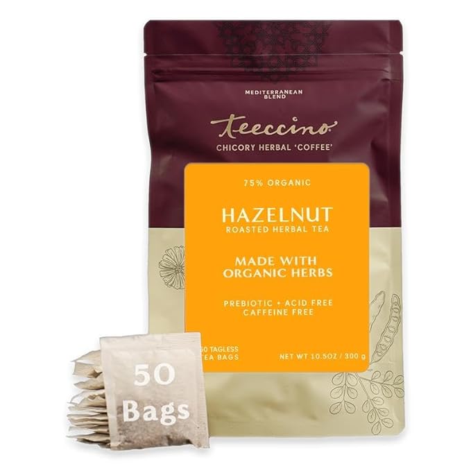 Teeccino Hazelnut Roasted Herbal Tea - Caffeine Free, Prebiotic, 3x More Herbs - 50 Tagless Eco-Friendly Tea Bags