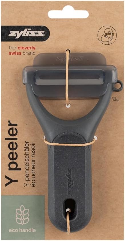 Zyliss Y Peeler β Extra-Hardened Stainless Steel Blade for Effortless Fruit & Vegetable Peeling β Built-in Eye Cutter β Ergonomic Wheatstraw Grip β Dishwasher Safe with Safety Cover β Black