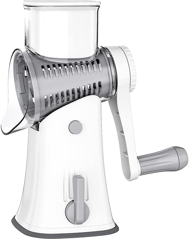 Rotary cheese grater with 5 different interchangeable blades vegetable cheese grater slicer with handle with non-slip suction cup base for kitchen for cheese, vegetables, fruits, white