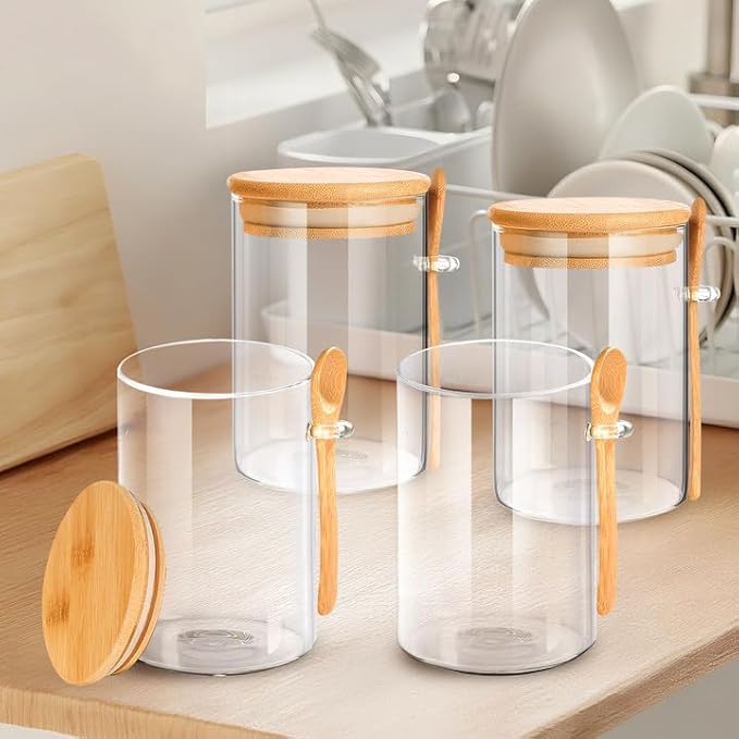 Glass Storage Containers with Lids and Spoons for Overnight Oatmeal, 16oz Meal Prep Food Jars with Bamboo Lids for Chia Seed Pudding, Yogurt, Coffee Beans, Salad (Set of 4)