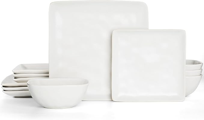 Famiware Dinnerware Sets for 4, Ocean Square 12-Piece Kitchen Plates and Bowls Sets, Microwave and Dishwasher Safe, Scratch Resistant, Matte White