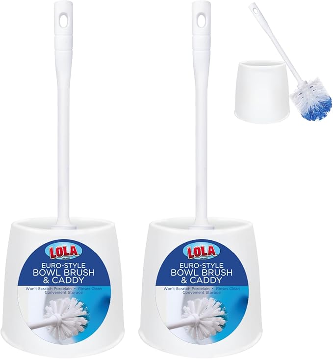 Toilet Brush and Holder Set, by LOLA, 2 Pack, Classic Version, Durable Bristles for Deep Cleaning, w/Compact Space Saving Storage Holder