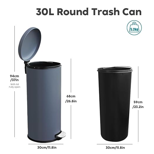 8-Gallon Stainless Steel Trash Can – Round, Slim Garbage can featuring a Removable Inner Liner, Soft Close Lid, Step-on Pedal. Ideal for use in the Kitchen,Office, Living room, or Bathroom,Grey.