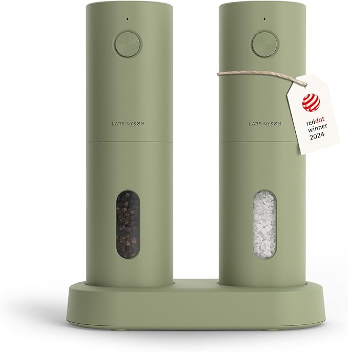 LARS NYSØM Electric Salt and Pepper Grinder Set, USB Rechargeable, Automatic Salt and Pepper Mills, Spice Shakers Refillable with LED Light, Adjustable Coarseness, Ceramic Grinder (Sage Green)