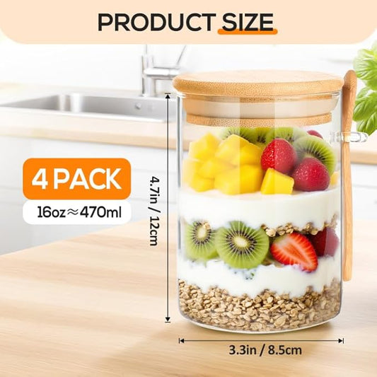 Glass Storage Containers with Lids and Spoons for Overnight Oatmeal, 16oz Meal Prep Food Jars with Bamboo Lids for Chia Seed Pudding, Yogurt, Coffee Beans, Salad (Set of 4)
