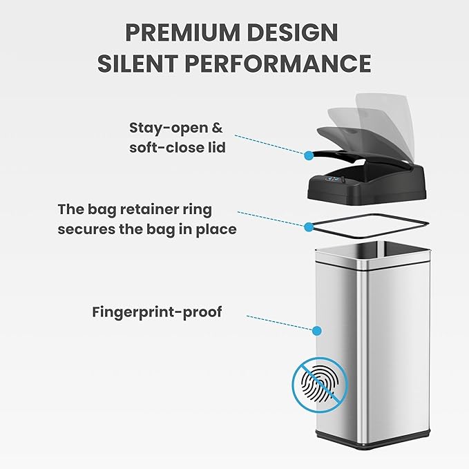 iTouchless 50 Liter / 13 Gallon Sensor Dog-Proof Kitchen Trash Can with Lid Lock and AbsorbX Odor Filter, Touchless Lid, Stainless Steel Garbage Recycling Bin for Kitchen, Home, Office, Business
