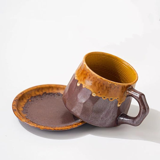 10oz Unique Vintage Retro Handmade Ceramic Cappuccino Barista Cup with Saucer –Rustic Stoneware Coffee Mug, Lead-Free Latte Art Mug,Handmade ceramic cappuccino cups or tea cup, Brown