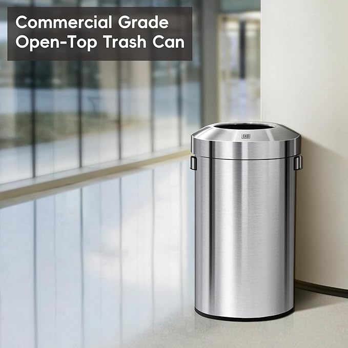 EKO 16-Gallon Round Stainless Steel Open Top Trash Can, Large Commercial Waste Bin with Detachable Lid and Carrying Handle, Brushed Metal Garbage Bin for Home, Office, Restaurant, Restroom