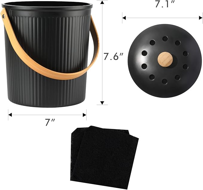 Countertop Compost Bin, LALASTAR Compost Bin Kitchen with Lid, Made of Sustainable Bamboo Fiber, Indoor Food Composter for Kitchen, Odorless, 1 Gallon, Black