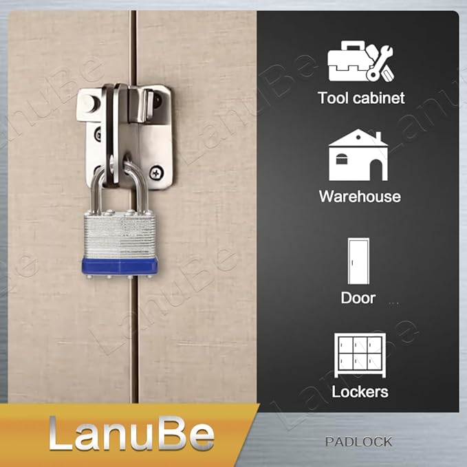 LanuBe Lock Laminated keyed Padlock (1-9/16", 40mm), keyed Alike Locks, Normal Shackle,Marked Blue Plastic Hoop, Pack of 6