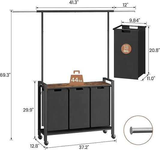 IDEALHOUSE Laundry Sorter, Rolling Laundry Hamper with Hanging Rack, Laundry Hamper 3-Section with Wheels, Hampers for Laundry, Laundry Basket Organizer for Laundry Room, Rustic Brown