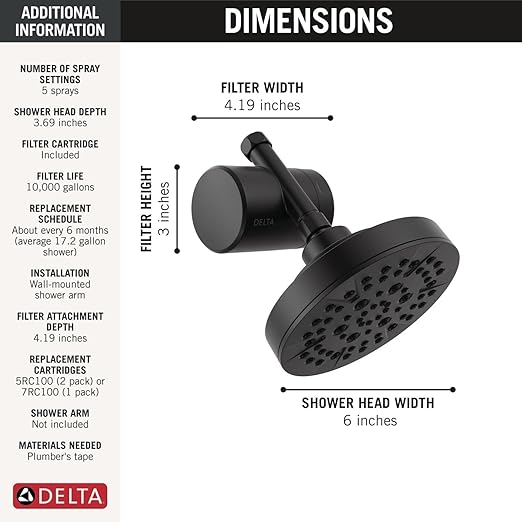 Delta Faucet 5-Setting Shower Head Matte Black with Clarifi Standard Shower Filter Attachment with Filter