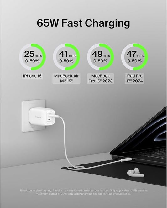 Belkin 65W Dual USB C Charger Block, Super Fast Charging PD3.0 w/ GaN Technology - Samsung Galaxy S25, Apple iPhone 17, Air, Pro, Pro Max, iPad, MacBook, AirPods, Nintendo Switch 2 & More - White