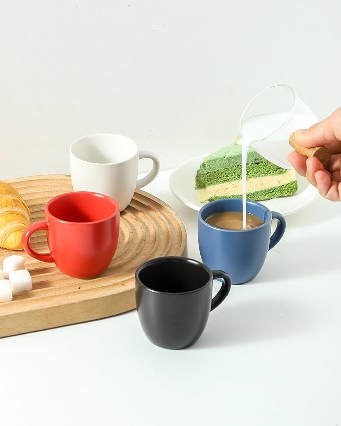 HASENSE Ceramic 3 OZ Espresso Cups, Porcelain Espresso Demitasse Cups Set of 4 for Double shot, Lungo and Ristretto, Tiny Italian Expresso Shot Coffee Mugs for Home and Office, Red