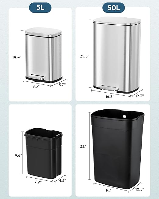 Arlopu 13.2+1.3 Gallon Step Trash Can, Stainless Steel Garbage Bin, Soft-Close Rubbish Bin with Removable Plastic Inner Bucket, Fingerprint-Proof, Lid Dustbin, for Kitchen Home (Silver)