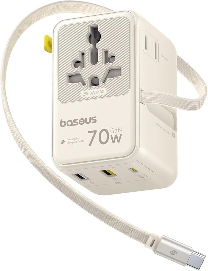 Baseus 70W Universal Travel Adapter with Retractable Cable, 6-in-1 International Plug Adapter, USB-C PD Fast Charging Worldwide Wall Charger for USA/EU/UK/AUS and Over 200 Countries (Off-White)