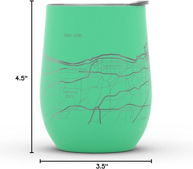 Well Told Engraved Cleveland Ohio Map Insulated Wine Tumbler, Etched Stainless Steel Cup (12 oz, Sunday Green) City Map Insulated Tumbler, Custom Insulated Tumbler, Outdoor Drinkware