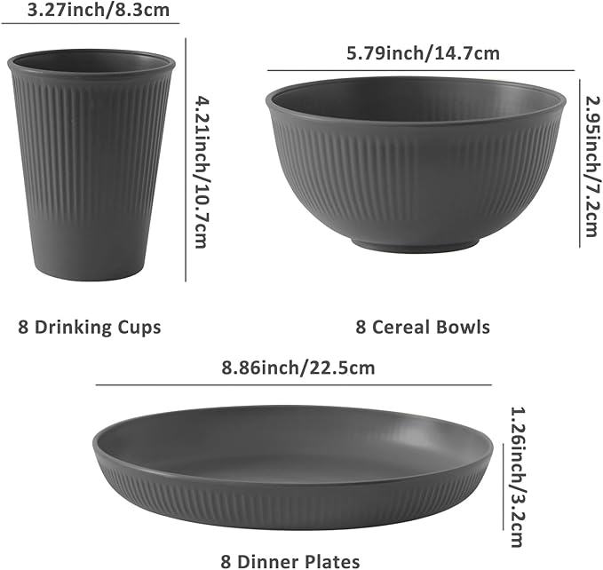 24pcs Wheat Straw Dinnerware Sets For 8, Unbreakable Plates and Bowls Wheat Straw Dinnerware Microwavable Cups Plates and Bowls Sets Shatterproof For Outdoor Kitchen Camping