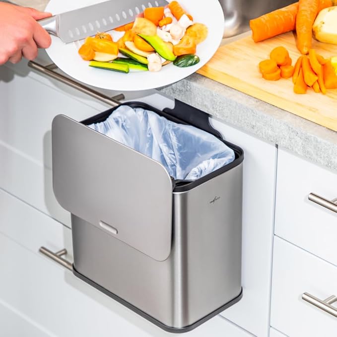 RedFactor Stainless Steel Hanging Trash Can with Lid and Inner Bucket – Slim 1.3 Gallon Odor-Free Compost Bin for Kitchen Cabinet, Countertop, Under Sink, or Bathroom (Metallic Gray)