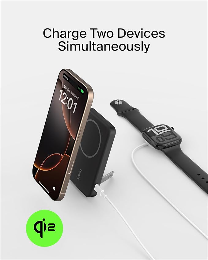 Belkin Portable Charger, Wireless Power Bank 15W 5000mAh w/ Qi2, MagSafe Charger + Built-in Pop-up Kickstand - iPhone 17, Air, Pro, Pro Max, AirPods, Apple Watch, Google Pixel 10, etc. - Black