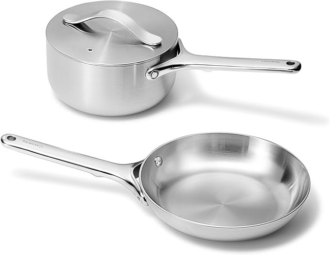 Caraway Stainless Steel Mini Duo - 5-Ply Stainless Steel Fry Pan (8 In) & Sauce Pan (1.75 Qt) - Oven Safe & Stovetop Agnostic - Non Toxic, PTFE & PFOA Free